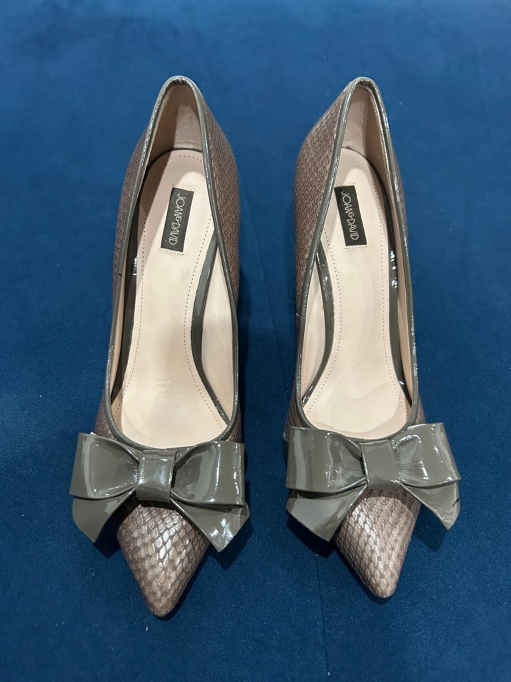 Joan & David Taupe Snake-Print Pointed Toe Pumps with Olive Bow